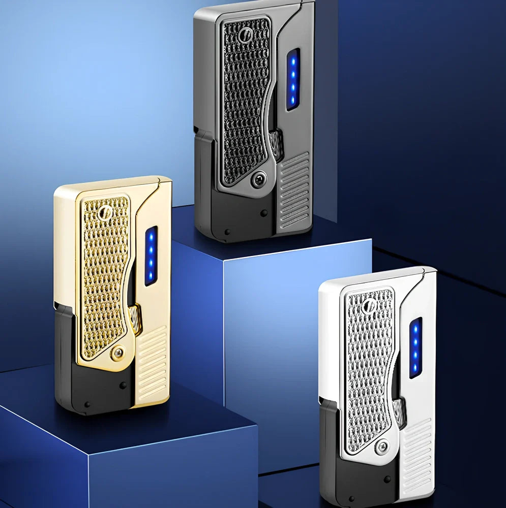Foldable wind proof lighter showing extended and folded positions with USB charging cable
