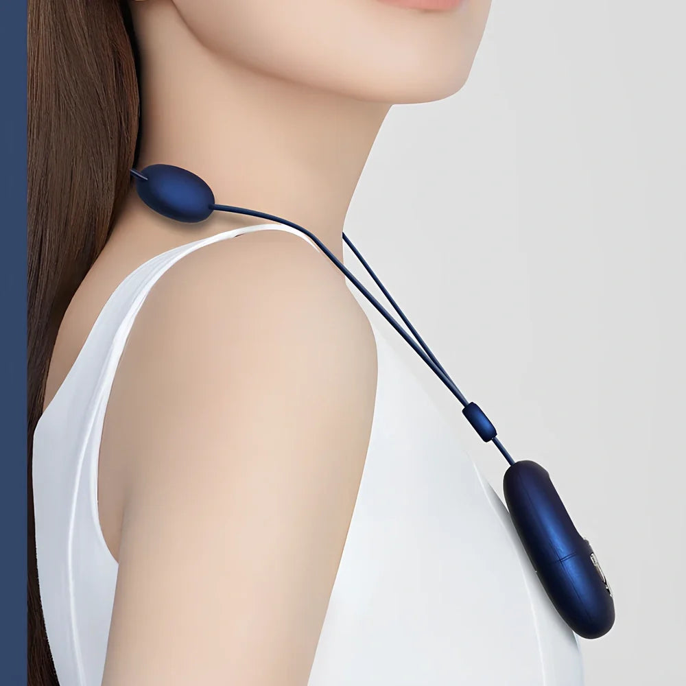 Blue mini cervical spine massage device with hanging neck design and four massage contacts for pulse therapy