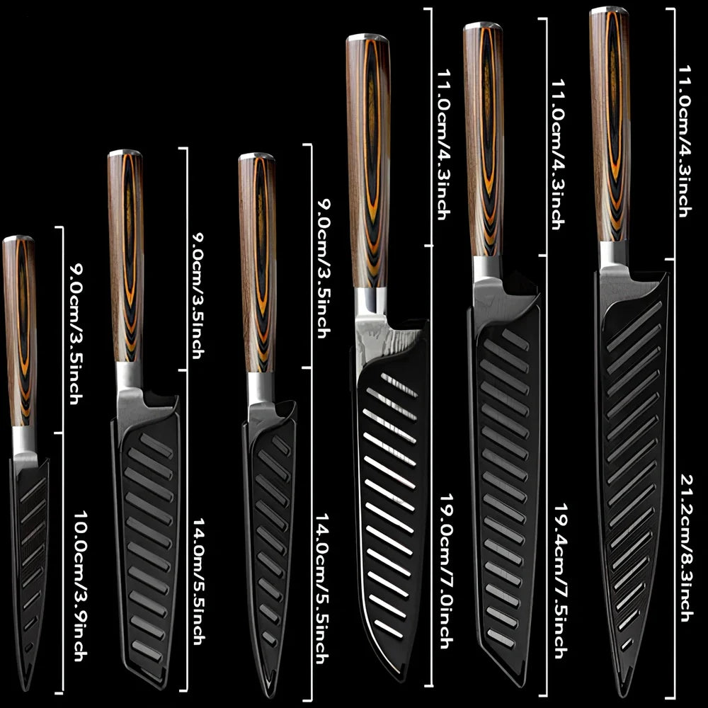 Six stainless steel kitchen knives with laser Damascus patterns on blades and wooden handles arranged with protective covers