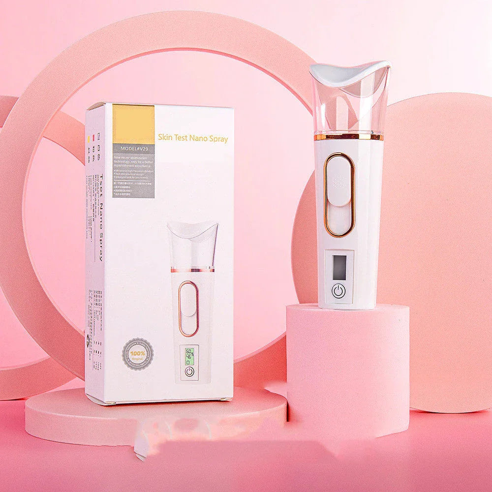 Portable facial mister with rechargeable power bank, transforms water into fine mist for skin hydration and rejuvenation