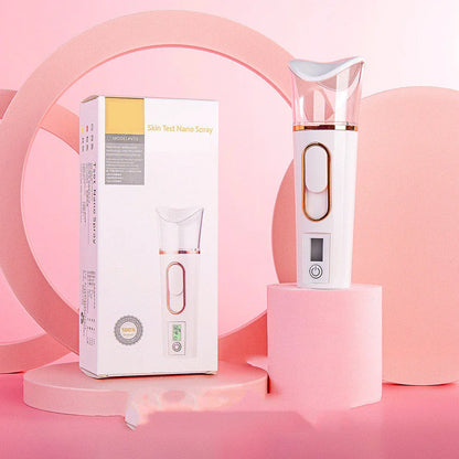 Portable facial mister with rechargeable power bank, transforms water into fine mist for skin hydration and rejuvenation
