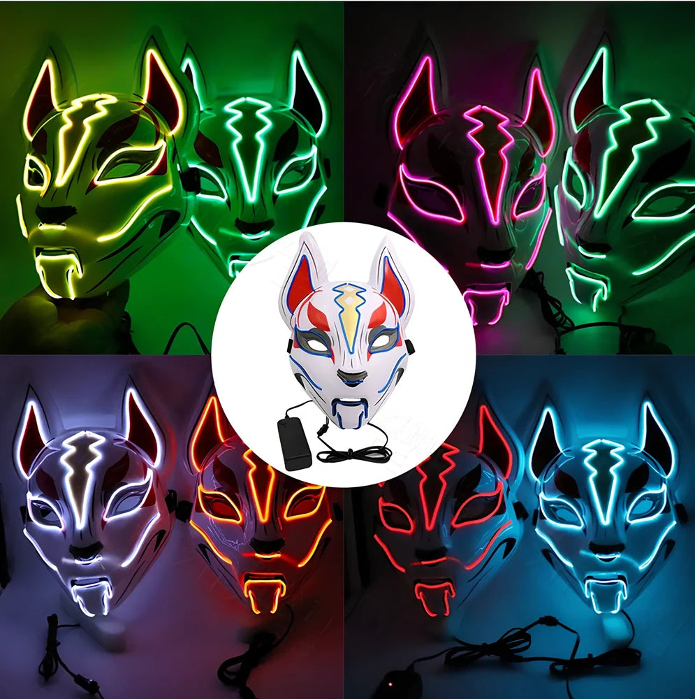 Glowing blue cat face mask with LED illumination measuring 28cm by 18cm for cosplay and Halloween events