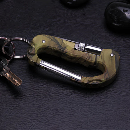 Camouflage multifunctional carabiner with stainless steel tools and LED light, weighing 79g