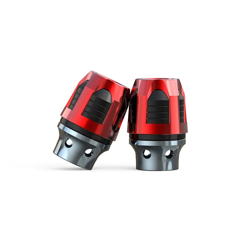 A pair of aluminium alloy fork cups with an anodised coloured finish, for motorcycle or electric car front axles.