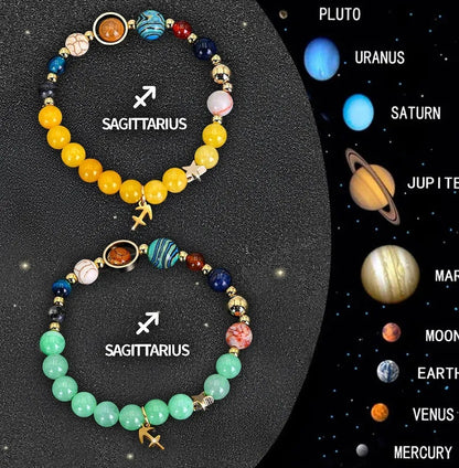 Two natural stone beaded bracelets with zodiac signs on adjustable cords, 8mm beads