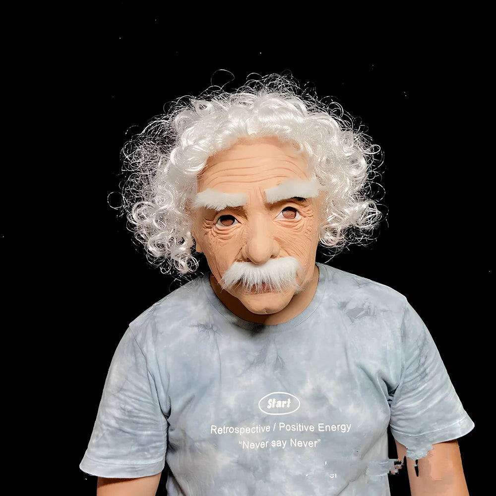 Latex old man Halloween mask with white hair and beard showing realistic facial wrinkles