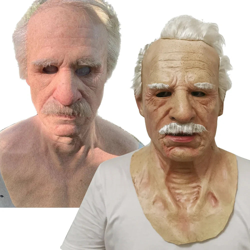 Latex old man Halloween mask with white hair and beard showing realistic facial wrinkles