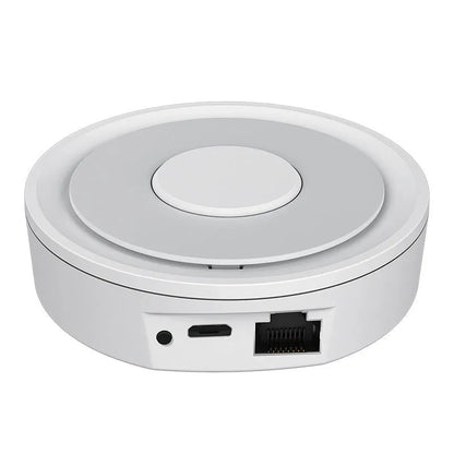 White square ZigBee 3.0 smart home gateway measuring 78mm with USB power connection