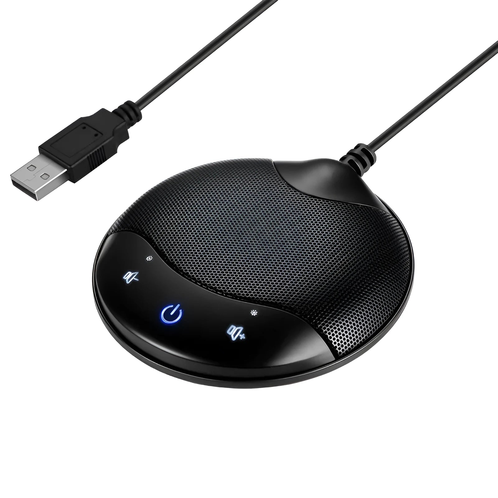 Black USB condenser microphone for conference calls and gaming with compact 9cm design