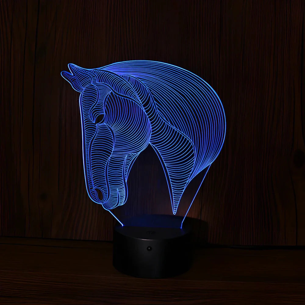 Horse head shaped LED night light with touch control showing multiple colour options