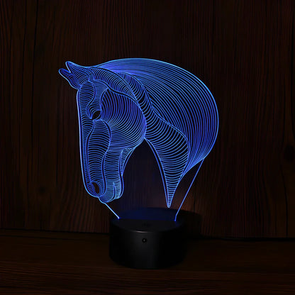 Horse head shaped LED night light with touch control showing multiple colour options
