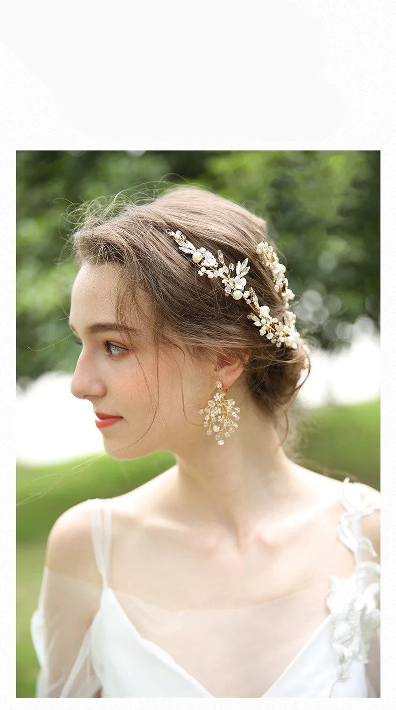 Gold bridal hair clip 27 x 13cm and earrings 6.5 x 4cm with rhinestone crystal and imitation pearl