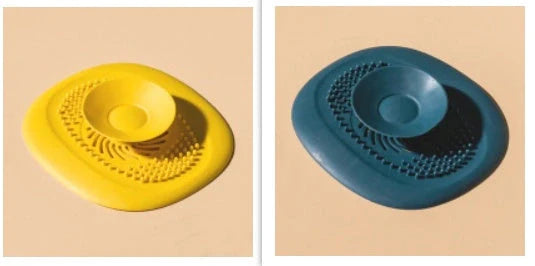 TPR vortex design sink drain cover in twilight orange, quiet blue, mango yellow, and gentian green