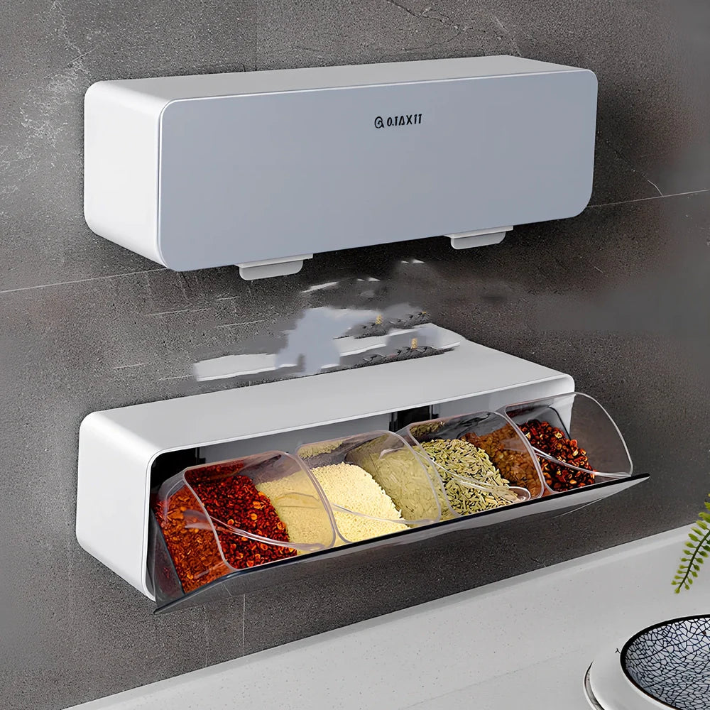 Wall-mounted plastic spice box set with multiple compartments and measuring spoon in kitchen