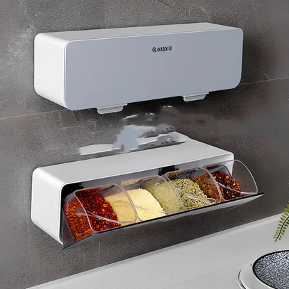 Wall-mounted plastic spice box set with multiple compartments and measuring spoon in kitchen