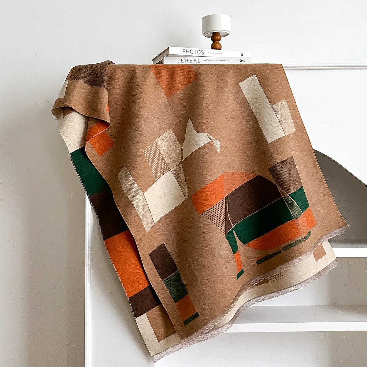 Imitation cashmere scarf in European American style showing 185x65cm dimensions and available colour options