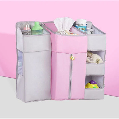 Universal baby crib hanging storage bag in various colors with multiple pockets