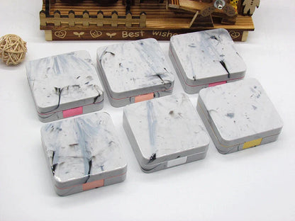 Square contact lenses case with marble surface and mirror, includes lens care accessories