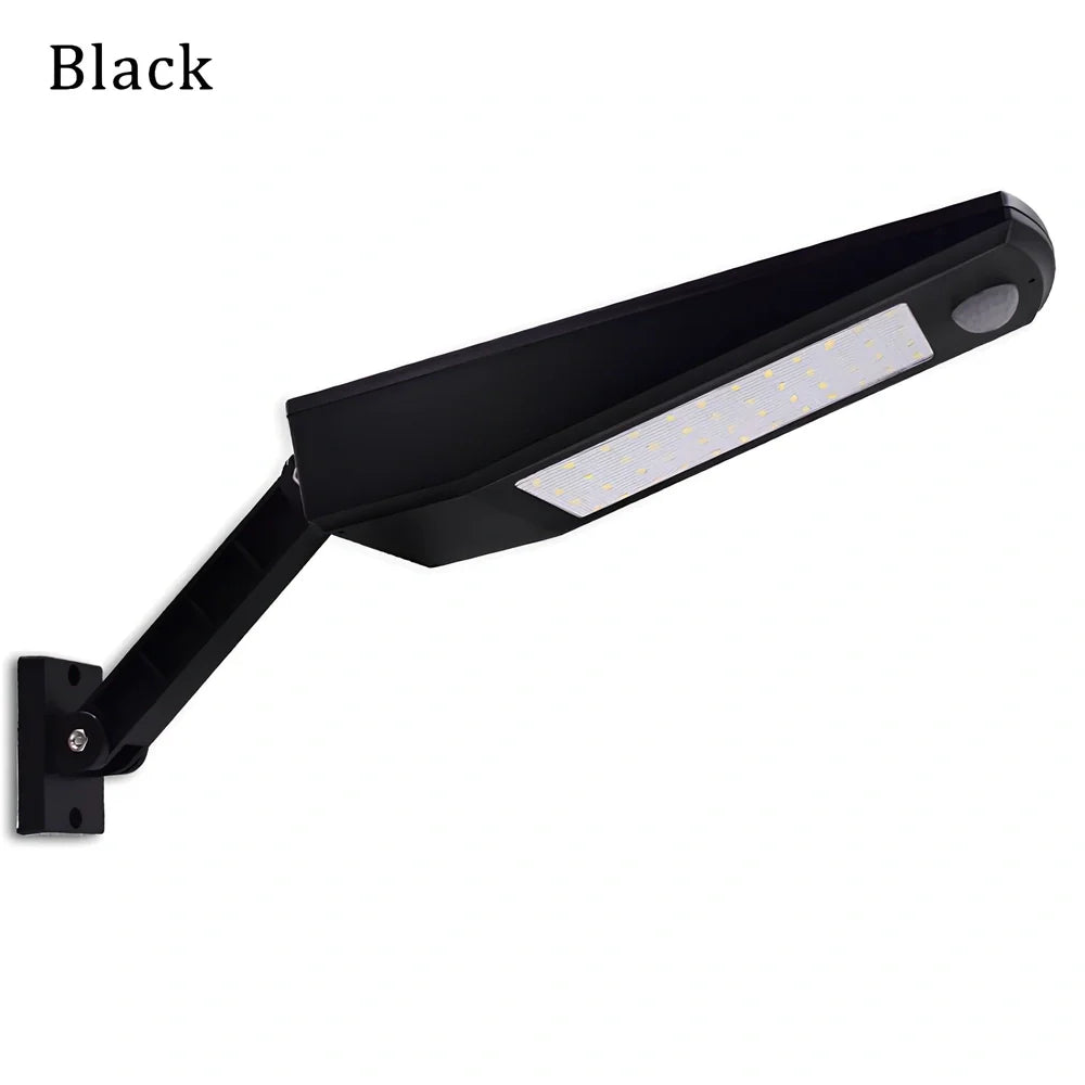 Adjustable solar light with motion sensor showing black or white finish options