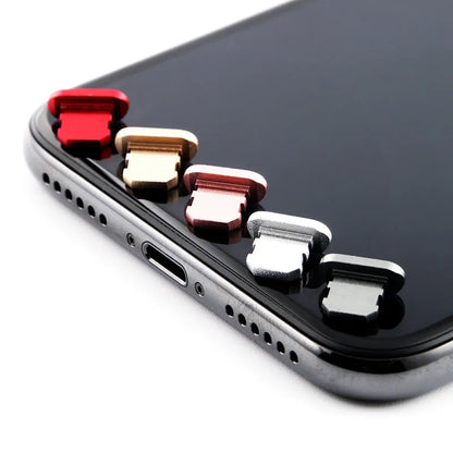 Aluminium alloy dust plug for iPhone Lightning charging port in various metallic colours.