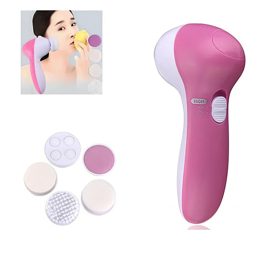 Pink electric facial cleanser with 5 attachments including soft brush, rolling massager, and sandstone head for skincare