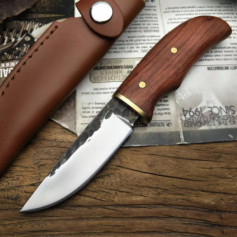 Outdoor survival knife with 8cm stainless steel blade and mahogany handle