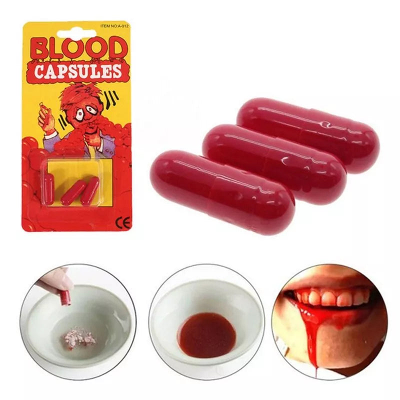 Fake blood pills for theatrical and Halloween effects, creating realistic blood with a simple bite