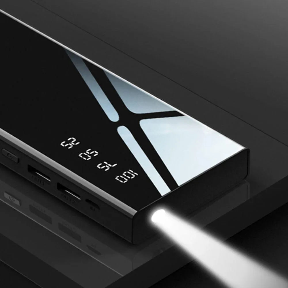 Black 20000mAh power bank with LCD display showing battery percentage and dual USB ports