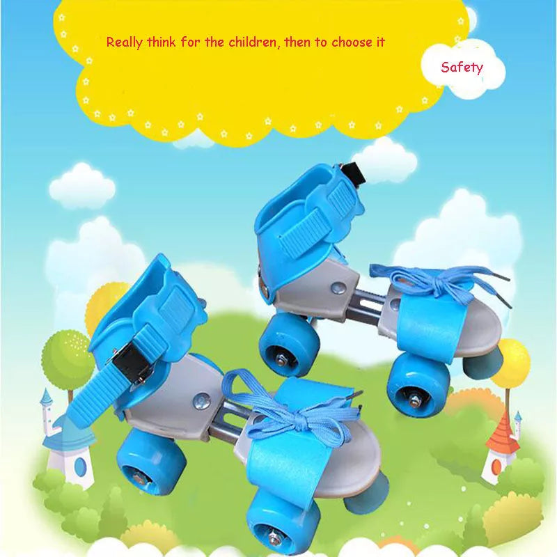 Adjustable double row skates with PUU wheels in blue, green, and pink