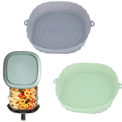 Silicone air fryer basket liner in light grey colour showing 4.5cm depth and flexible design for round air fryers