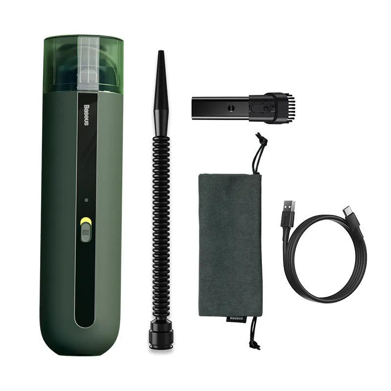 BASEUS handheld car vacuum cleaner in black with blowing hose attachment, showing compact size and dust bin