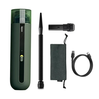 BASEUS handheld car vacuum cleaner in black with blowing hose attachment, showing compact size and dust bin