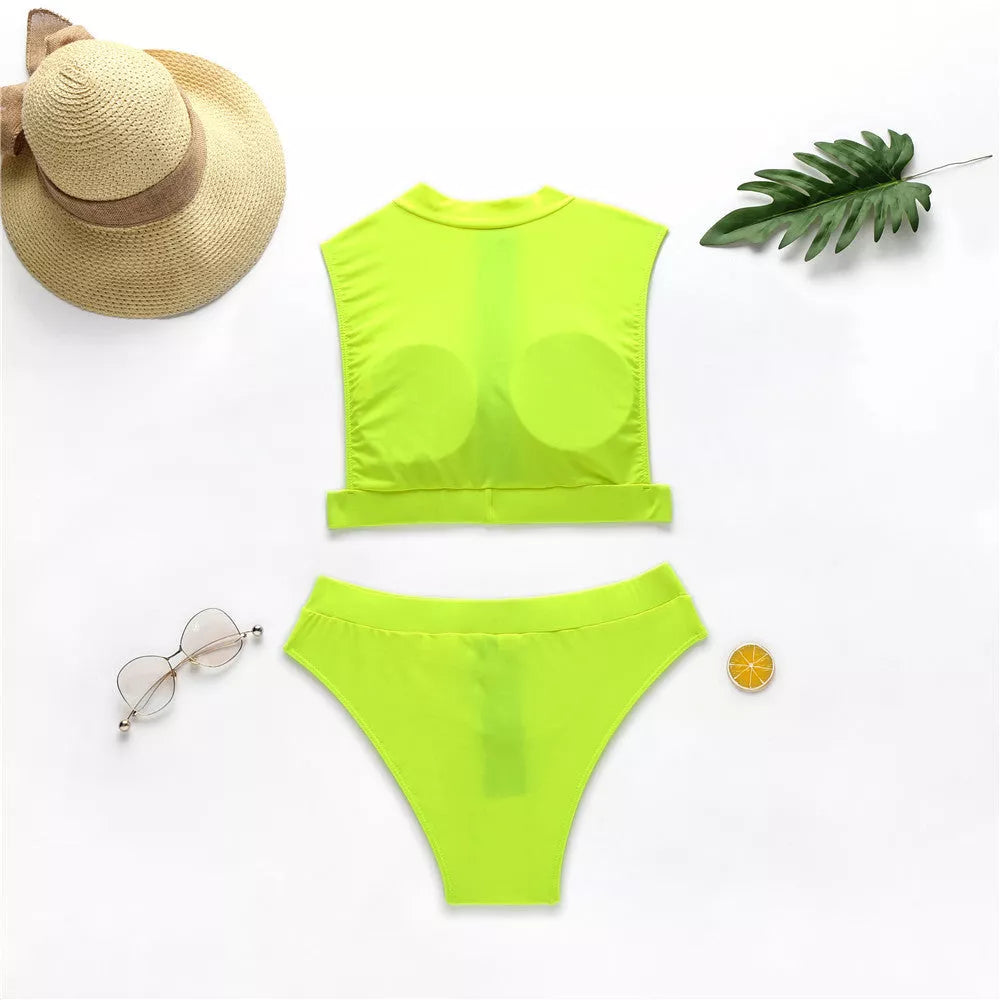 Fluorescent solid bikini swimsuit in yellow, green, and pink, sizes S, M, L