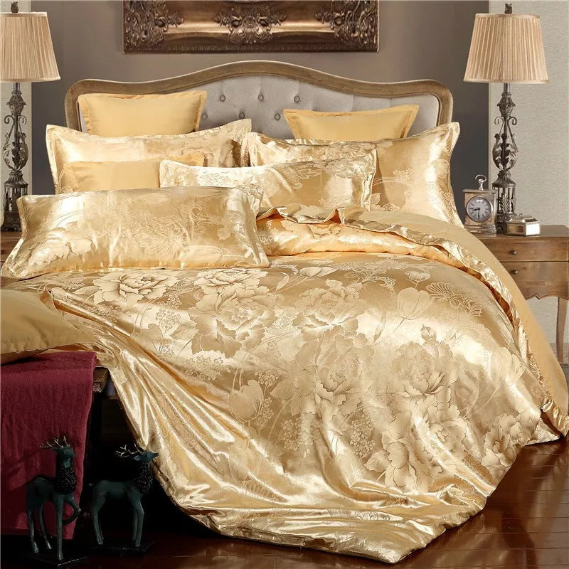 Four-piece jacquard bedding set in polyester fiber with vibrant colors