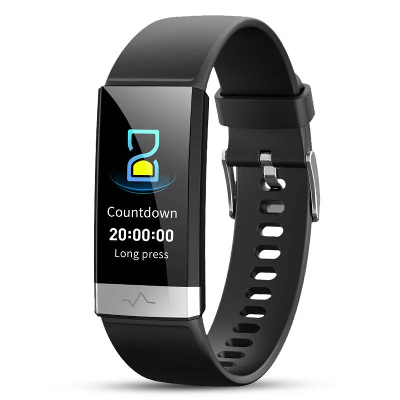 V19 smart health tracker in black on a wrist, showing colour display with heart rate and SpO2 data.