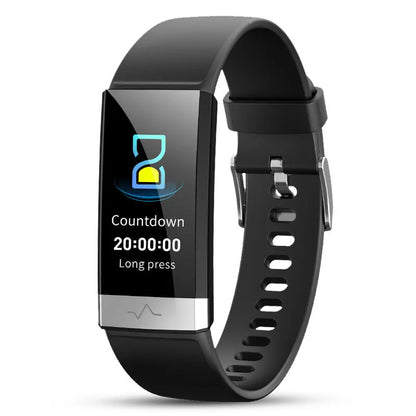 V19 smart health tracker in black on a wrist, showing colour display with heart rate and SpO2 data.
