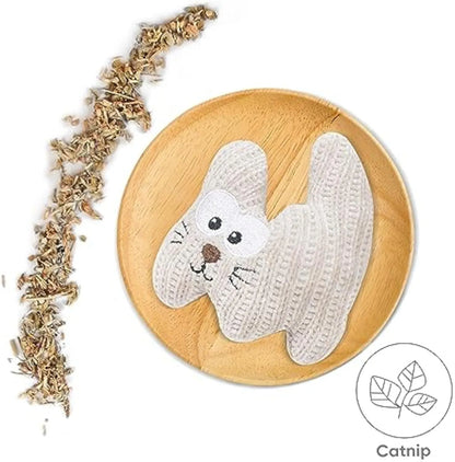 Cyan knitted plush cat toy with bell and organic catnip filling for cats to chew and play with.