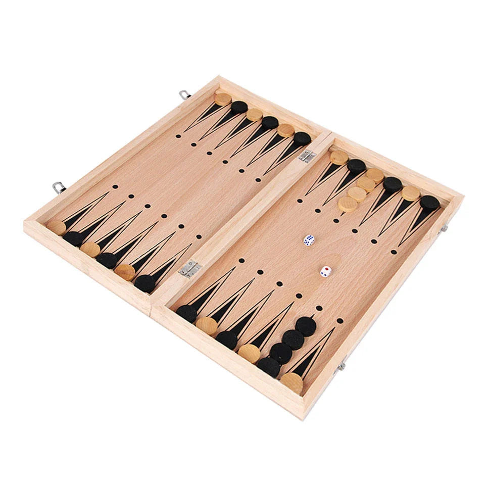 A high-quality wooden 3-in-1 portable game set including backgammon, chess, and checkers for travel and entertainment