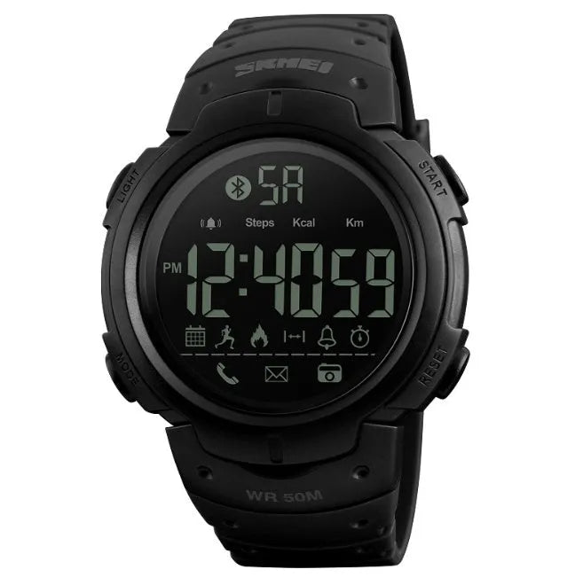 Sports smart watch with 50mm black dial and Bluetooth connectivity for iOS and Android