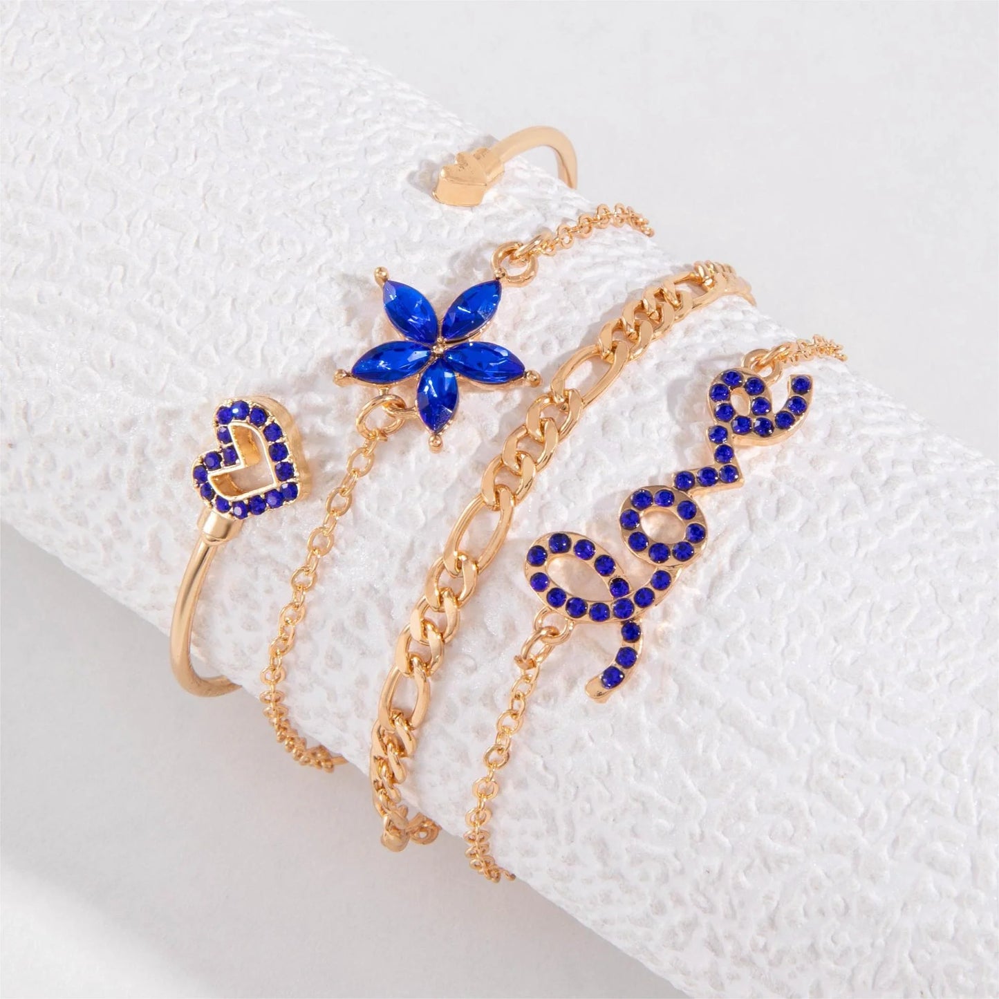 4-piece blue flower love butterfly bracelet set with rhinestones, perfect for Valentine's Day