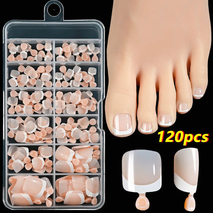 Box of 120 full square short artificial nail tips with French white edges in multiple nude shades.
