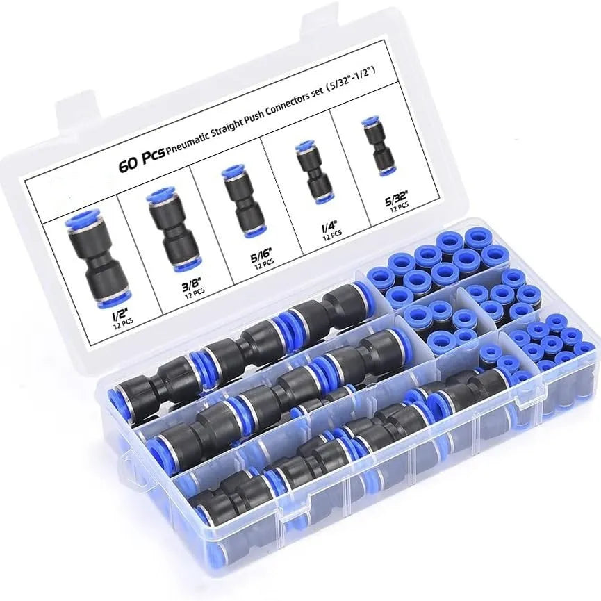 60-piece pneumatic push-in connector set with alloy plastic construction showing R1/4 and R1/2 interfaces for workshop air lines