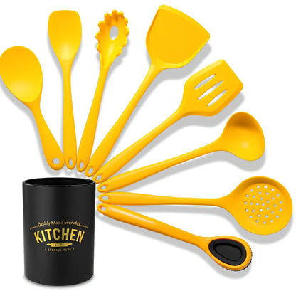 Yellow nonstick silicone nylon cooking spoon spatula, 28cm long with 8cm head for kitchen stirring and flipping