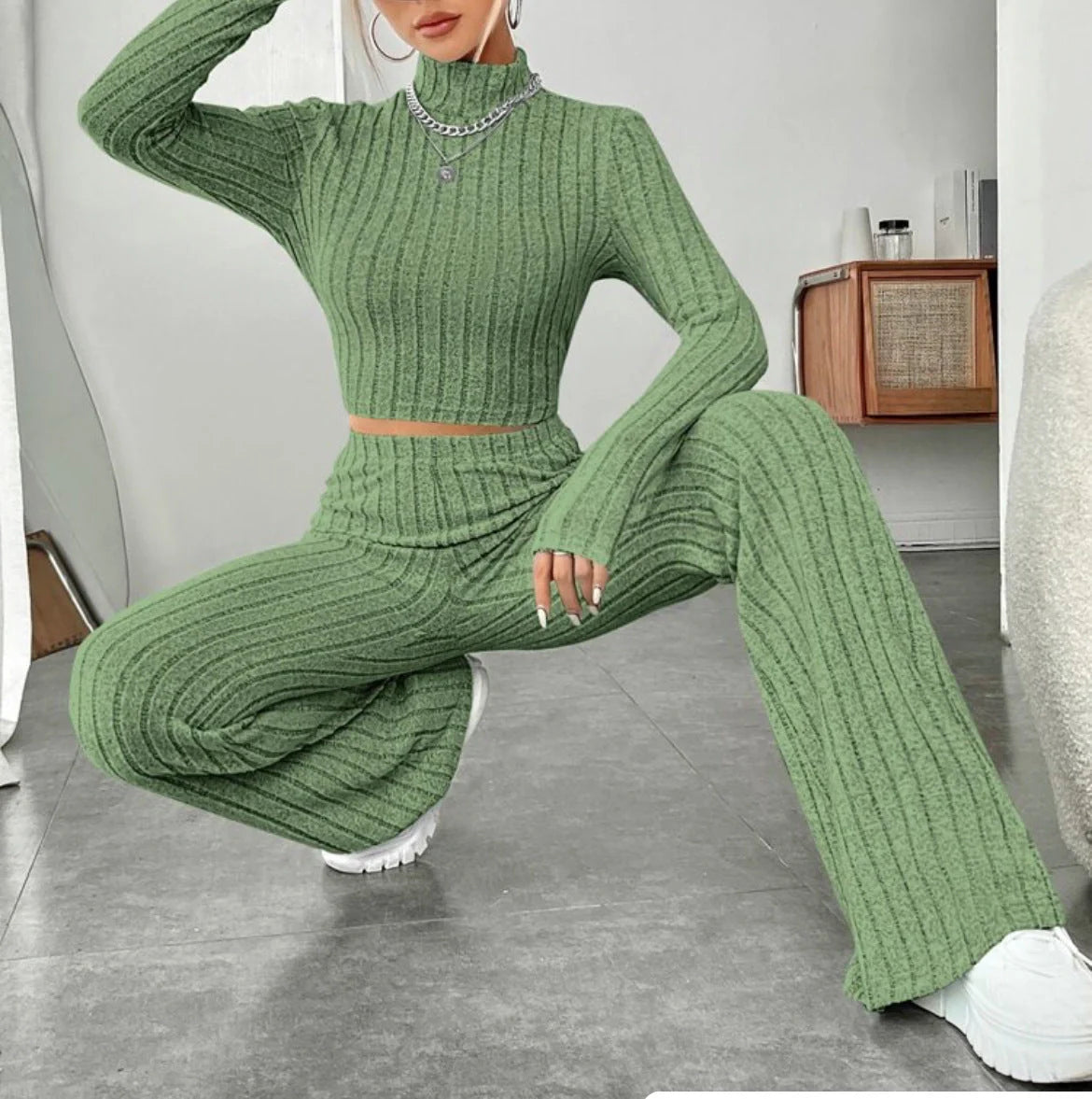 Women's cotton long sleeve turtleneck and wide leg high waist trousers set in various colors