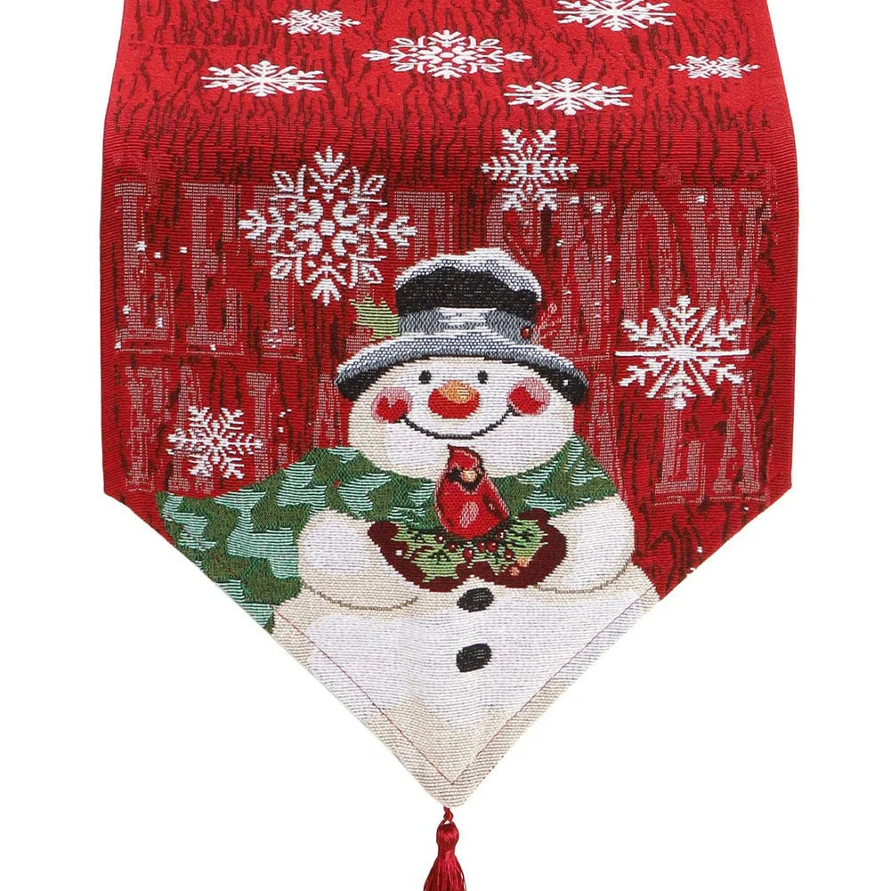 Red Christmas tablecloth with snowman and snowflake designs for festive holiday decor