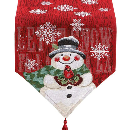 Red Christmas tablecloth with snowman and snowflake designs for festive holiday decor