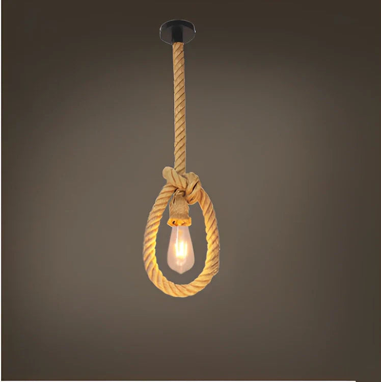 Industrial hemp rope chandelier with LED lighting and grass vine construction in retro design