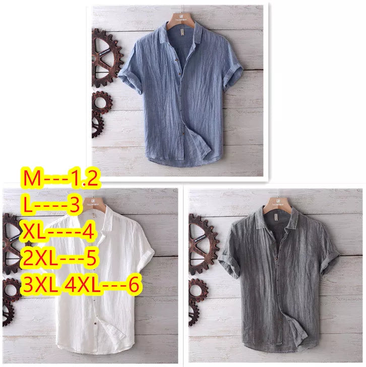 Men's solid color retro distressed linen shirt in white, blue, and gray