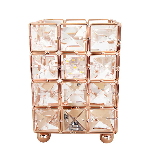 Himalayan salt lamp with wooden base and dimmable switch showing pink and orange salt rocks