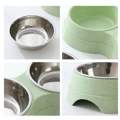 Double pet bowl with stainless steel insert and straw base in blue, showing separate food and water compartments